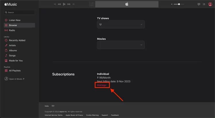 choose Manage | Cancel Apple Music Subscription