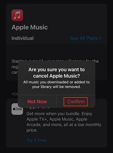 select Confirm | Cancel Apple Music Subscription