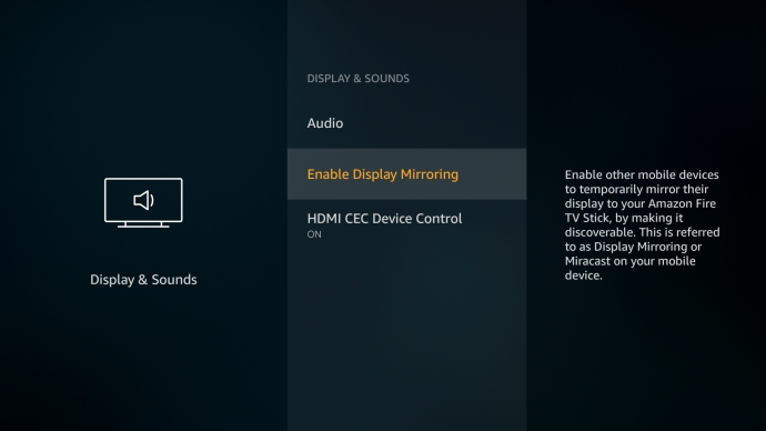 turn on Enable Display Mirroring | Get and Play Apple Music on Fire Stick/Fire TV